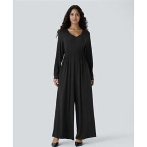 Ribbed Knit Black Jumpsuit Medium Long Sleeves V-Neck Stretch Long Romper Halara